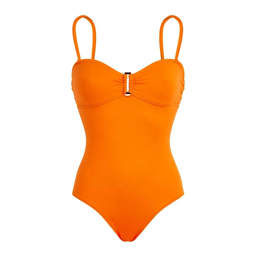 Bright orange bandeau one-piece swimsuit with adjustable straps, featuring a gathered front and a decorative metal accent at the center, made from smooth, stretchy material. Size S.