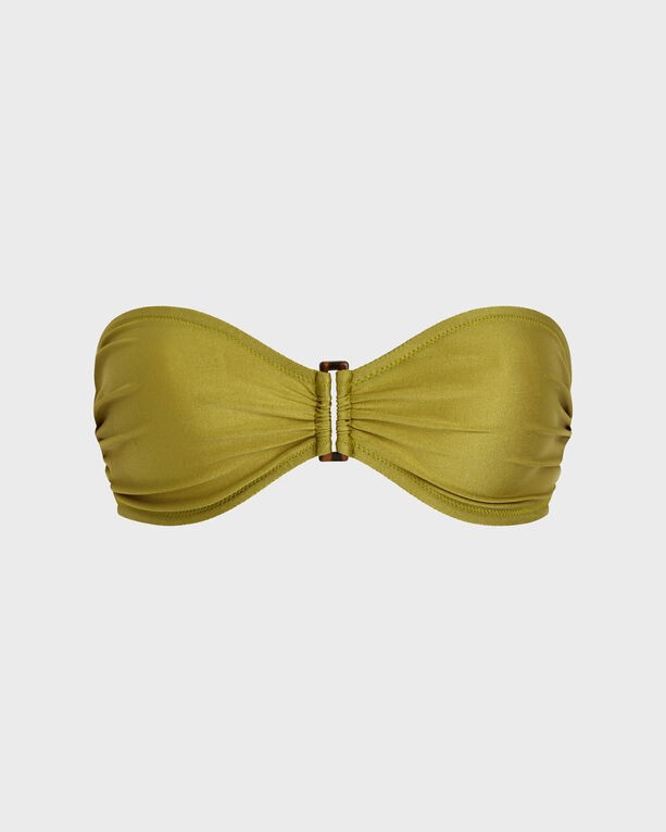 Shiny green bandeau bikini top with a smooth stretch fabric, featuring a central metal clasp for secure fit, designed for women in size M by Vilebrequin.