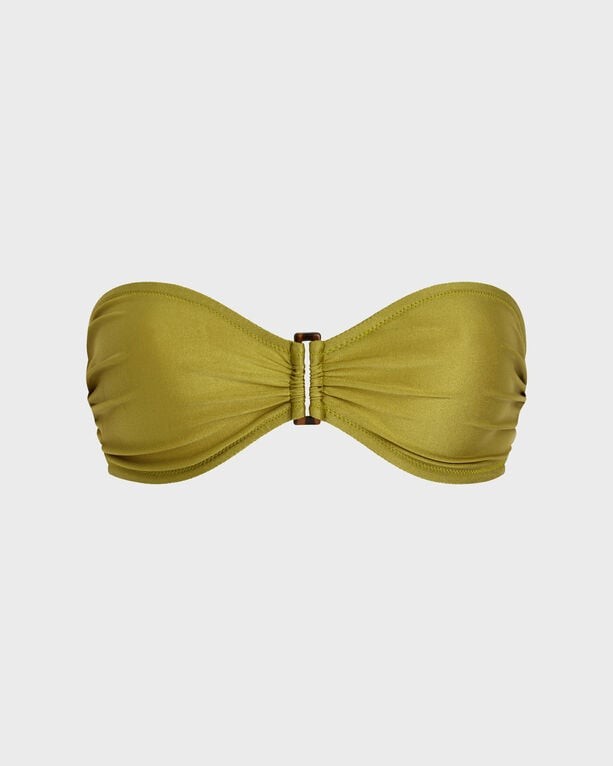 Shiny green bandeau bikini top made from stretchy material, featuring a central clasp for support, designed for women in size XL by Vilebrequin.