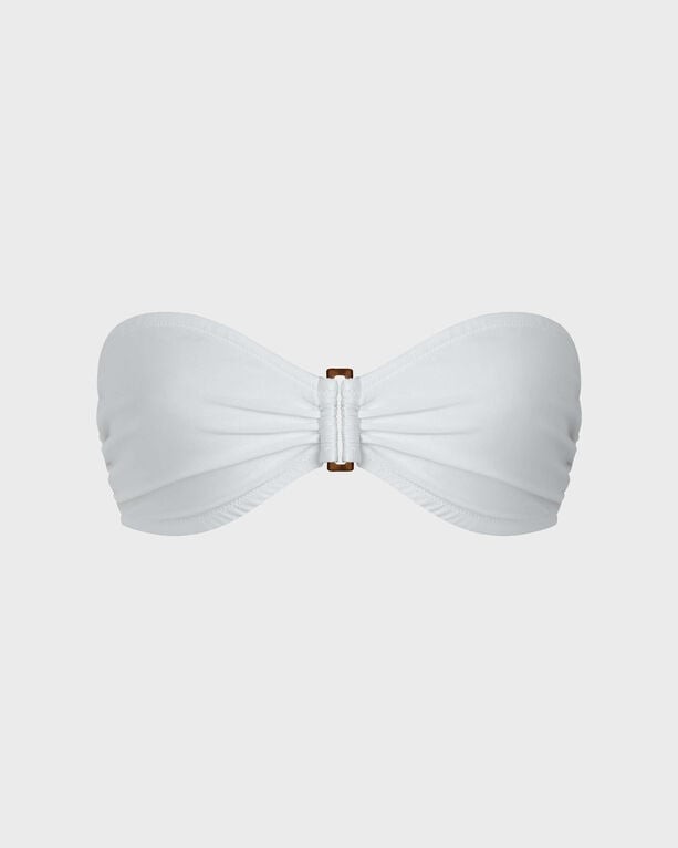 White bandeau bikini top by Vilebrequin, featuring shiny stretch material, a gathered center, and a decorative clasp, designed for women in size S.