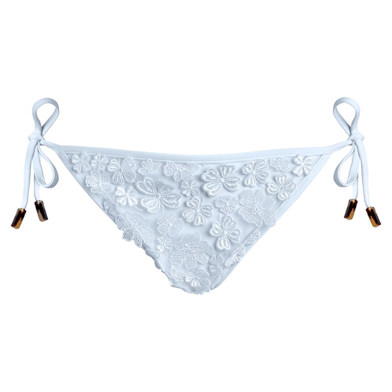 White bikini bottom with embroidered floral guipure design, featuring side ties and decorative beads, size M/L by Vilebrequin.
