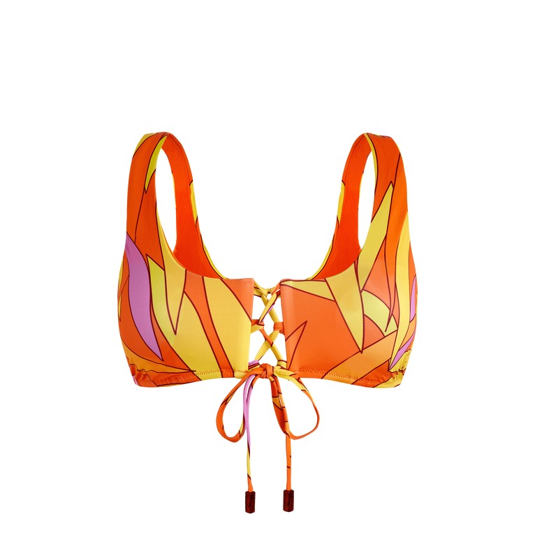 Bra-style bikini top in vibrant orange with a colorful leaf pattern, featuring a lace-up front and adjustable ties, made from swimwear material, size S.
