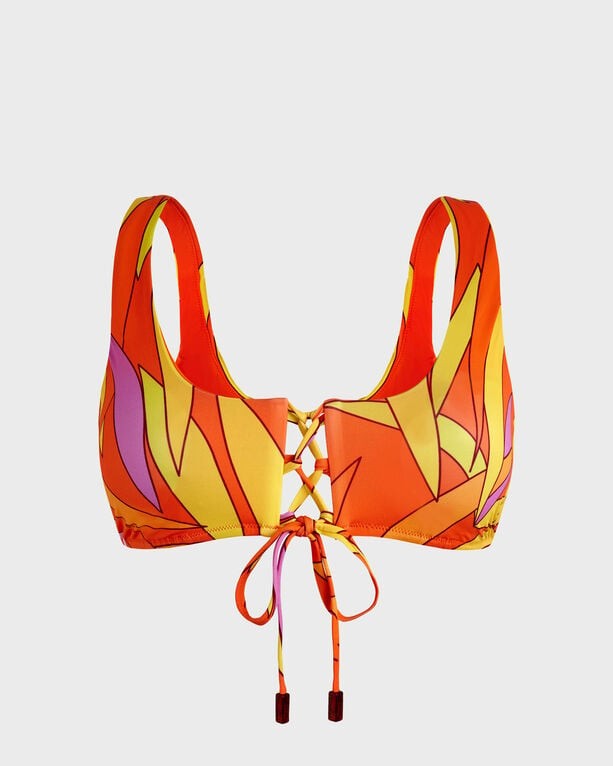 Bra-style bikini top in vibrant orange with multicolored leaf patterns, featuring a lace-up front and adjustable tie at the back, made from swimwear material, size XL.