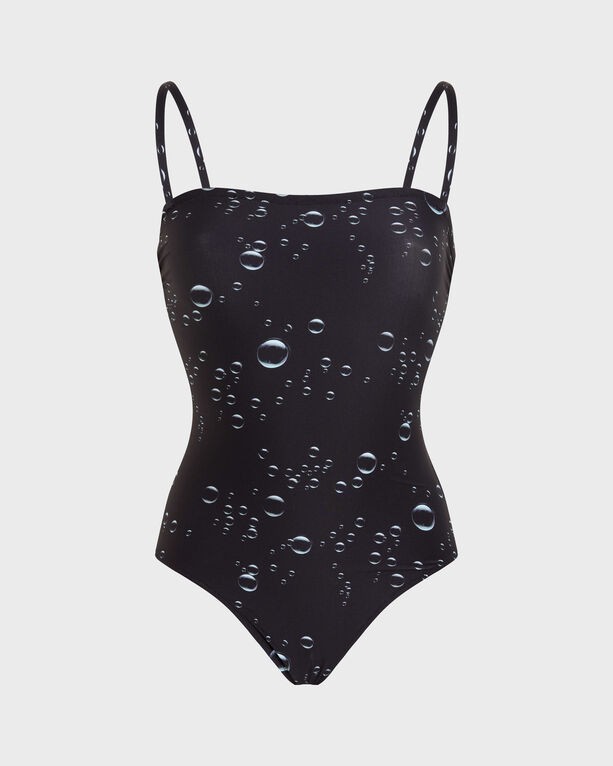 Black one-piece swimsuit featuring a bustier design with 3D bubble print, adjustable straps, and a sleek, fitted silhouette, made from stretchy swimwear material.