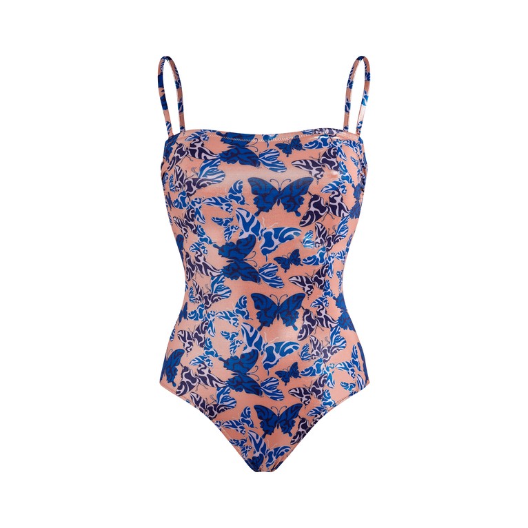 Pink one-piece swimsuit featuring a butterfly print in blue, with thin adjustable straps and a fitted bustier design, made from smooth swimwear material.