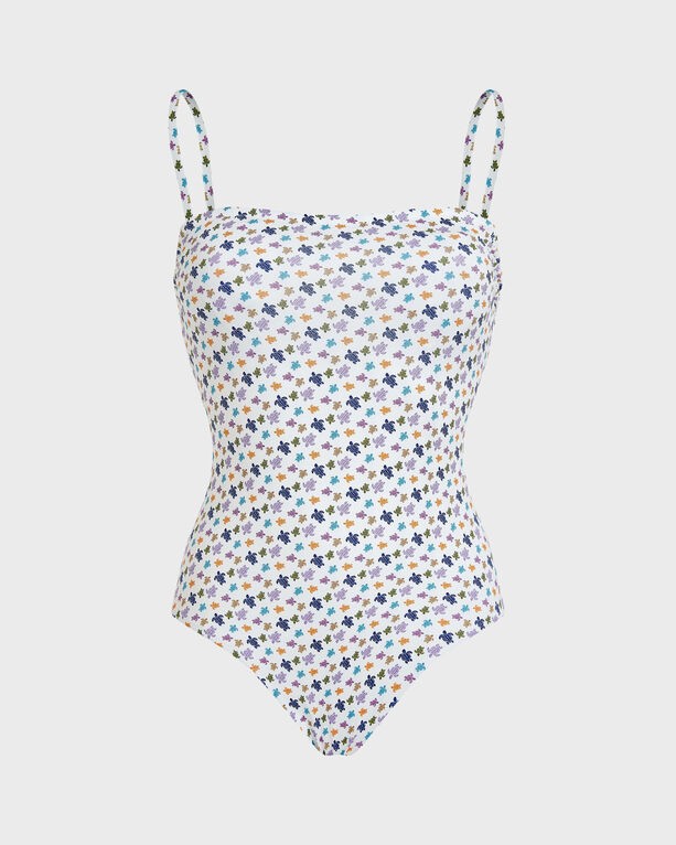 White one-piece swimsuit featuring a bustier design, adorned with a colorful turtle print, adjustable straps, and a fitted silhouette, size M.