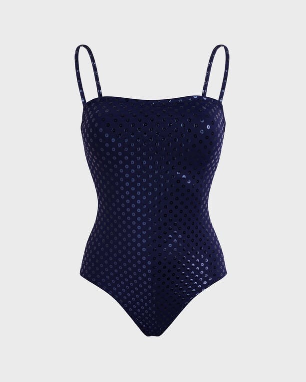 Blue one-piece swimsuit with a bustier design, featuring a sparkling relief pattern and thin adjustable straps, made from a shiny material, size L.