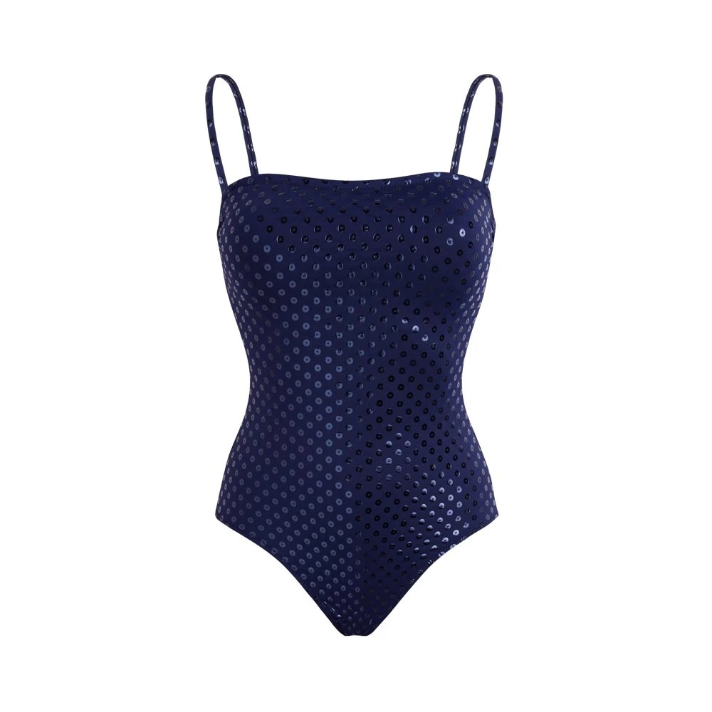 Blue one-piece swimsuit featuring a bustier design with a sparkling relief pattern and adjustable straps, made from a sleek, shiny material. Size S.
