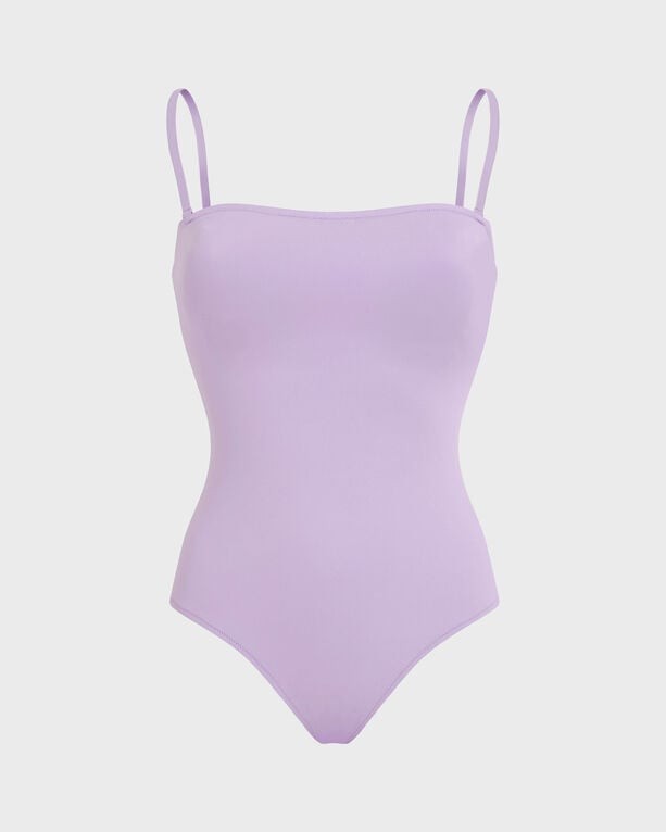 Solid purple women's bustier one-piece swimsuit by Vilebrequin, featuring thin adjustable straps and a sleek, fitted design, made from smooth swimwear material in size XL.