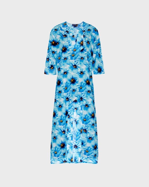 Blue cotton voile kaftan featuring a vibrant poppy print, with a relaxed fit, three-quarter sleeves, and a button-down front, available in size XS.