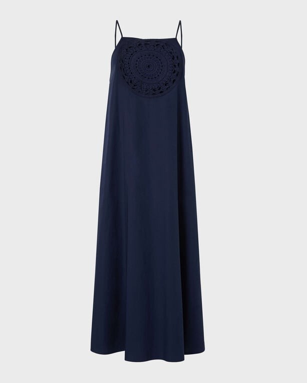 Blue MIDI dress by Vilebrequin featuring a crochet medallion design on the front, spaghetti straps, and a flowing silhouette in size M.