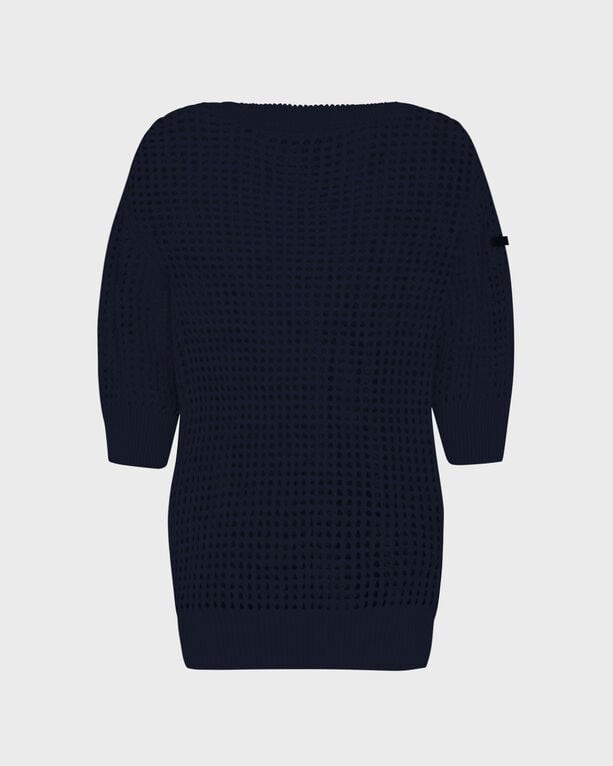 Solid blue crochet pullover sweater by Vilebrequin, featuring a loose fit, three-quarter sleeves, and ribbed hem, designed for women in size L.