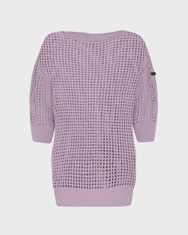 Purple crochet pullover sweater by Vilebrequin, featuring a loose fit, wide neckline, and three-quarter sleeves, made from lightweight material in size S.