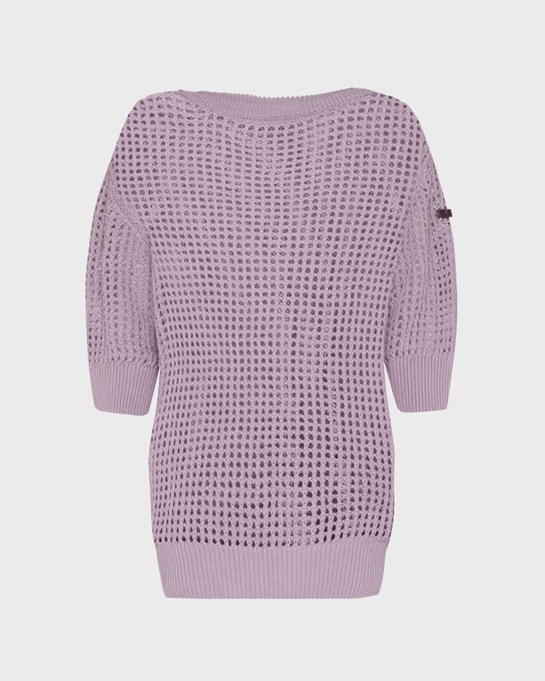 Purple crochet pullover sweater by Vilebrequin, featuring a loose knit design, three-quarter sleeves, and ribbed cuffs, available in size XL.