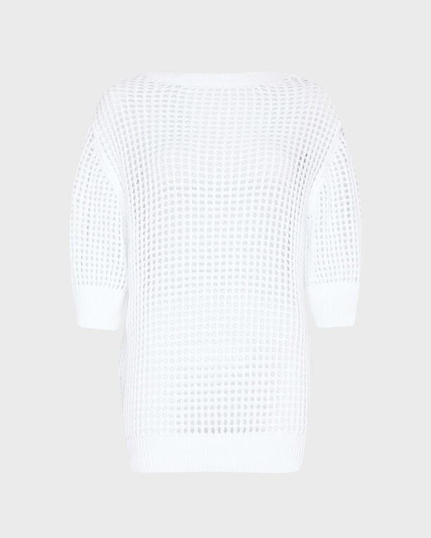 White crochet pullover sweater with a loose, open-knit design and three-quarter sleeves, featuring a relaxed fit and a soft texture, size M.
