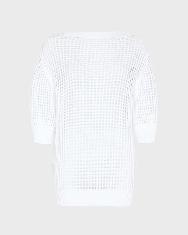 White crochet pullover sweater by Vilebrequin, featuring a loose knit design, three-quarter sleeves, and a relaxed fit, available in size XL.