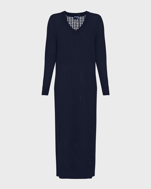 Navy blue crochet t-shirt dress with a V-neck, long sleeves, and a relaxed fit, featuring an open knit pattern, designed by Vilebrequin in size S.