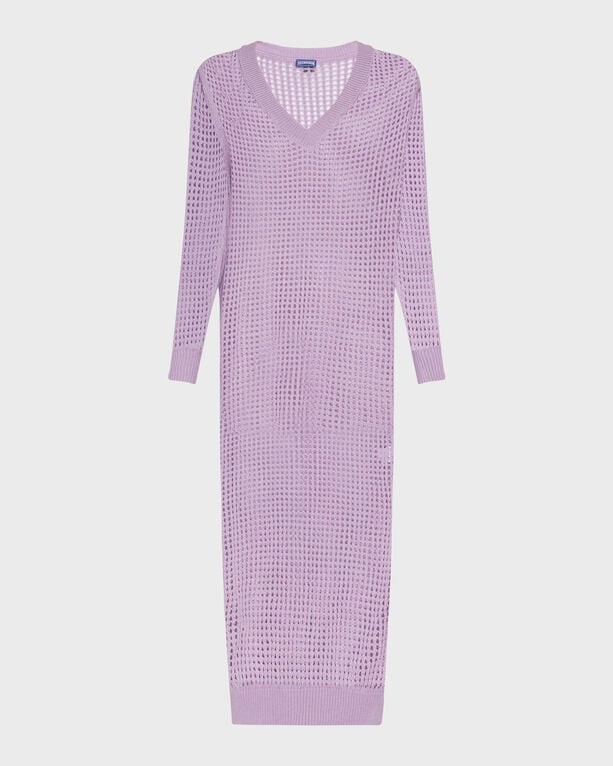 Purple crochet t-shirt dress by Vilebrequin, featuring a V-neck, long sleeves, and a relaxed fit, designed for women in size L.