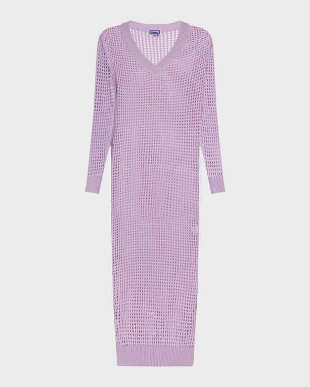 Purple crochet T-shirt dress by Vilebrequin, featuring a V-neckline, long sleeves, and a relaxed fit, designed for women in size XS.
