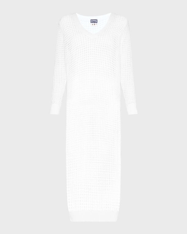 White crochet t-shirt dress by Vilebrequin, featuring a V-neck, long sleeves, and a relaxed fit, available in size L.