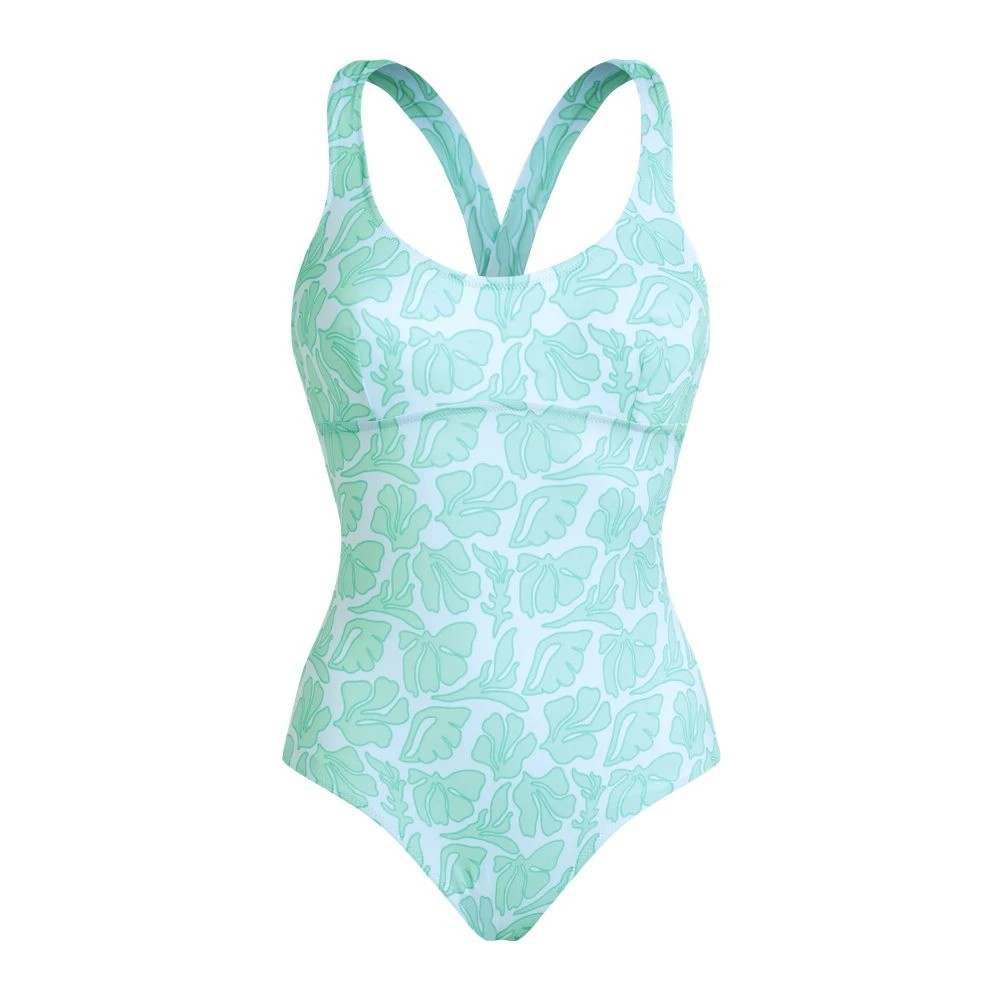 White one-piece swimsuit with crossed back straps, featuring a seashells pattern in soft pastel colors, made from smooth, stretchy material, size XS.