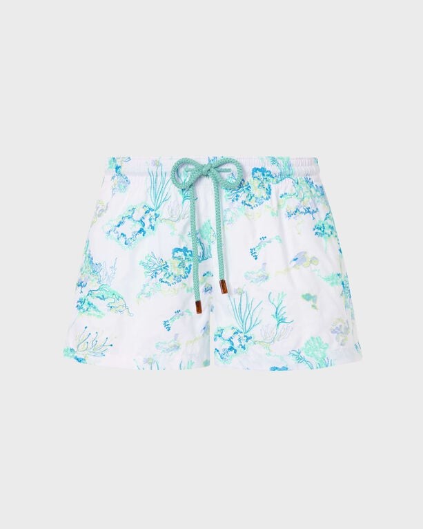 White swim shorts featuring a vibrant coral reef embroidery in shades of blue and green, with an elastic waistband and adjustable drawstring. Limited edition, size S.