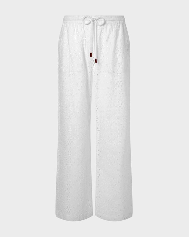 White fluid cotton pants featuring floral broderie anglaise detailing, an elastic waistband with a drawstring, and a relaxed fit, available in size S.