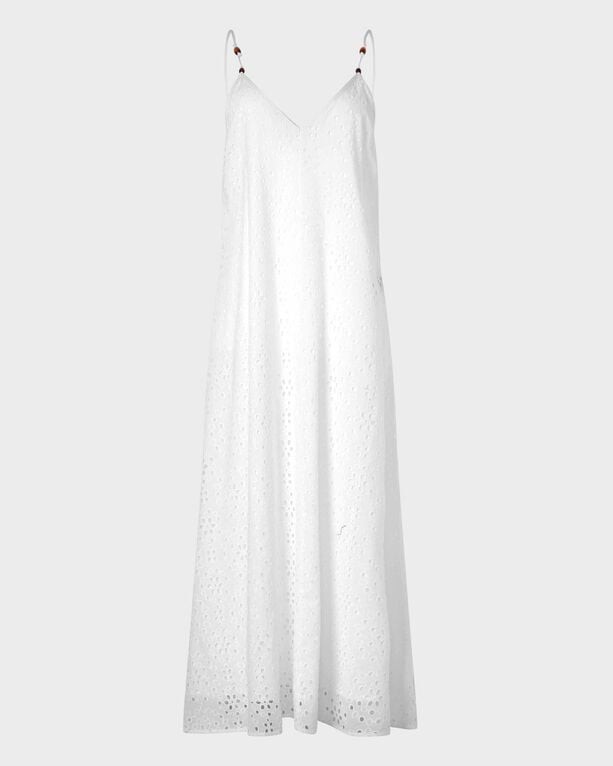 White floral broderie anglaise maxi dress with a V-back, featuring thin straps and a flowing silhouette, designed as a cover-up in size XS by Vilebrequin.