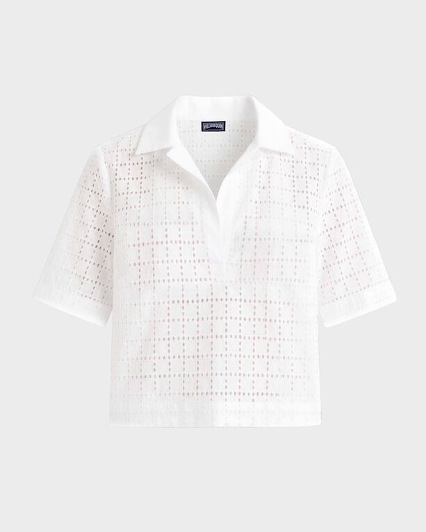 White short-sleeve shirt featuring geometric broderie anglaise design, a collared neckline, and a relaxed fit, labeled as size XS by Vilebrequin.