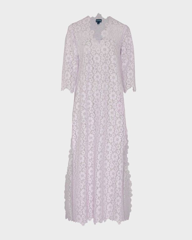 Pink guipure lace kaftan with floral patterns, featuring short sleeves and a flowing silhouette, designed by Vilebrequin in size L/XL.