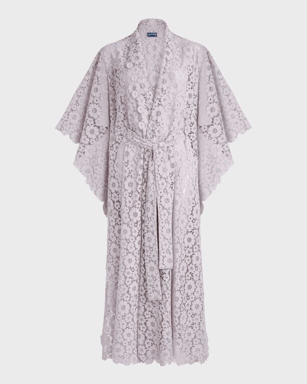 Pink guipure lace kimono with floral patterns, featuring wide sleeves, a tie belt, and a relaxed fit, designed for women in size OSFA.