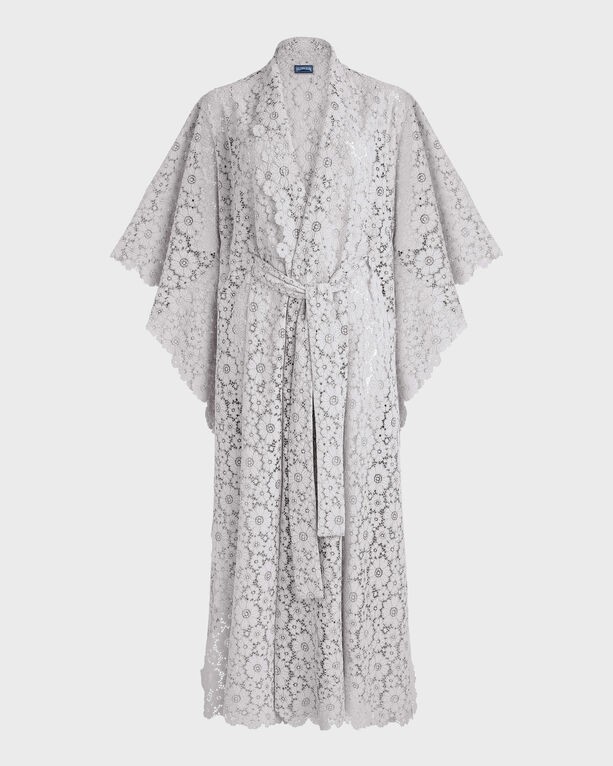 White guipure lace kimono with floral patterns, featuring wide sleeves and a tie belt, designed by Vilebrequin in size OSFA.