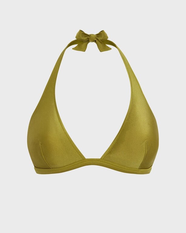 Halter bikini top in solid green, made from shiny stretch material, featuring a tie neck and triangular cups, designed for women in size M.