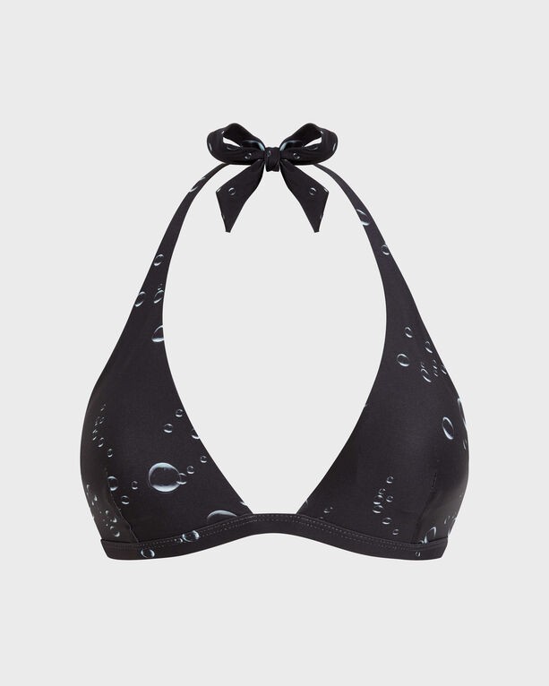 Black halter bikini top featuring a 3D bubble print, adjustable neck tie, and soft fabric, designed for women in size S by Vilebrequin.