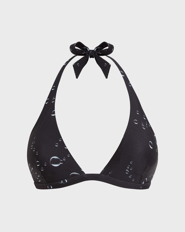 Black halter bikini top featuring a 3D bubble print, adjustable neck tie, and a sleek design, made from soft swimwear material, available in size XS.