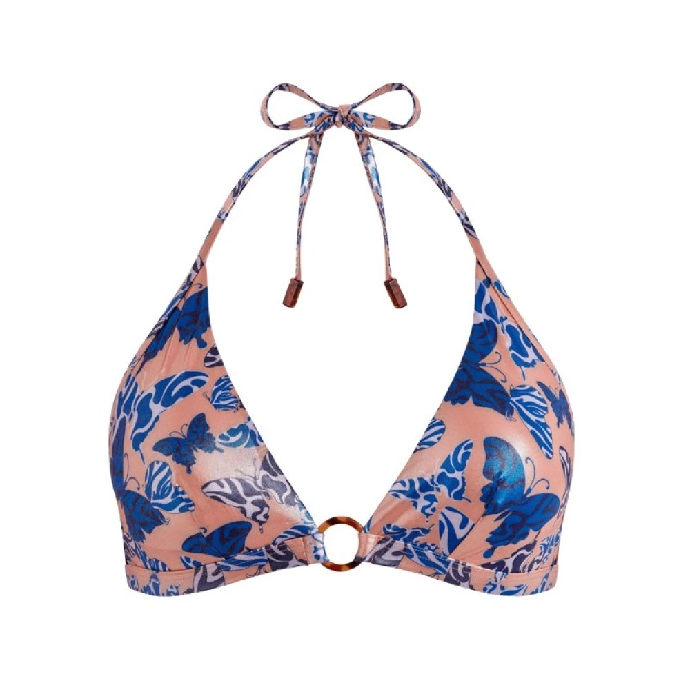 Halter bikini top in pink with blue butterfly and floral patterns, featuring a gold ring detail at the center and adjustable ties around the neck and back, size S.