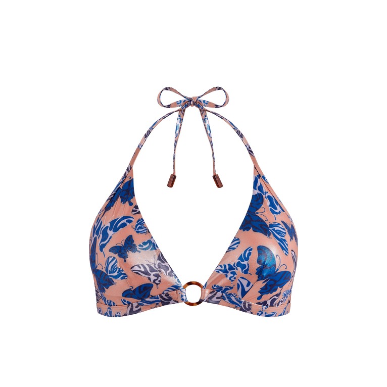 Halter bikini top in pink with blue butterfly and floral print, featuring a central ring detail and adjustable ties at the neck and back, made from lightweight swimwear material.