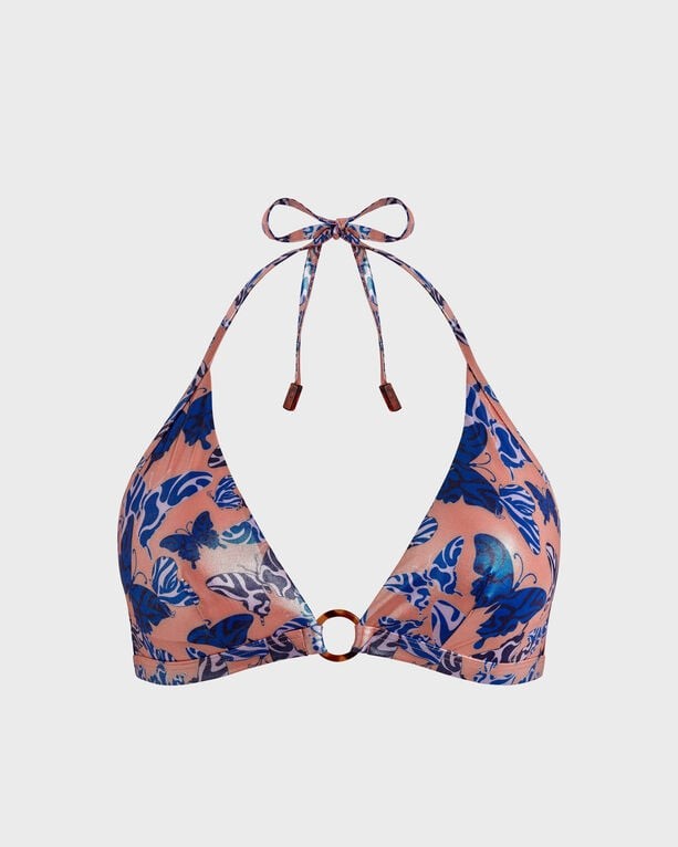 Halter bikini top in pink with blue butterfly and floral print, featuring a central ring detail and adjustable ties at the neck and back, made from swimwear material.