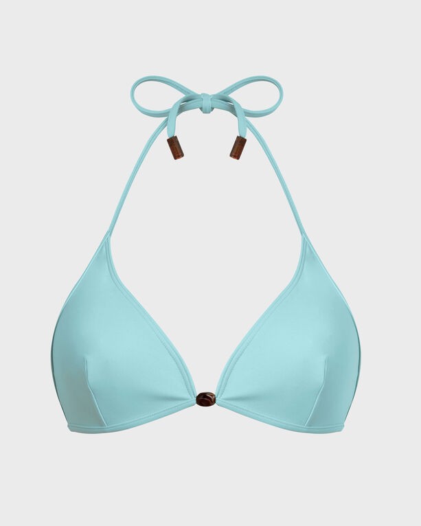 Solid blue halter bikini top with pearl detail, featuring adjustable ties and a classic triangle shape, made from smooth swimwear material, in size XL.