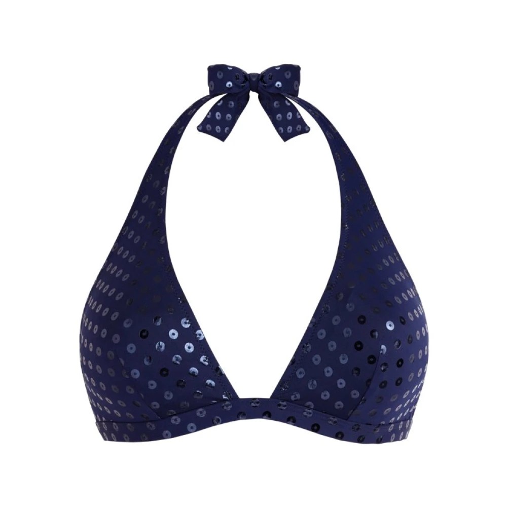 Navy blue halter bikini top with a deep V-neck, featuring sparkling polka dots and a bow tie at the neck, made from a smooth, stretchy material, size XL.