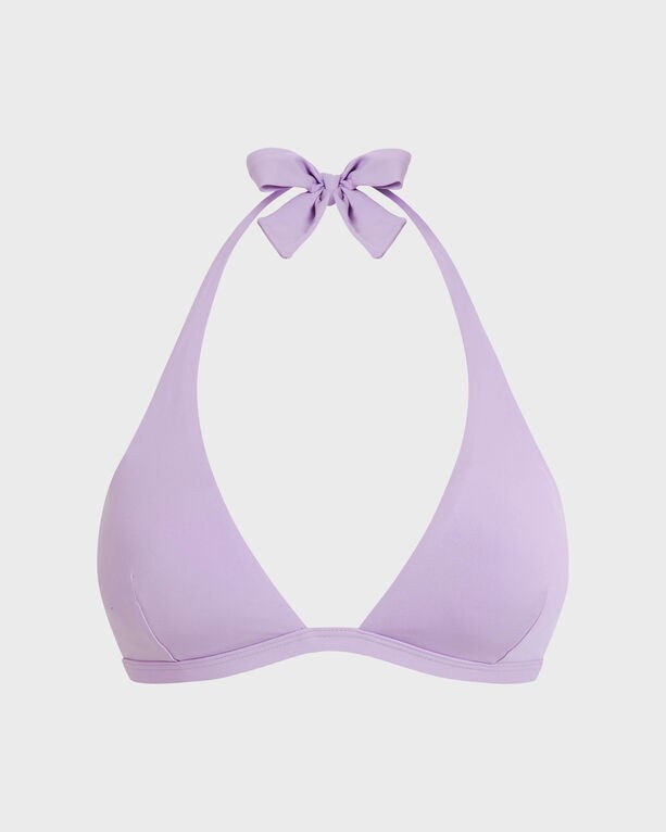 Solid purple halter bikini top by Vilebrequin, featuring a triangle design and a bow tie closure at the neck, made from smooth swimwear material, size M.