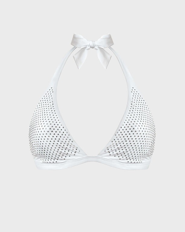 White halter bikini top by Vilebrequin, featuring a strass embellishment, adjustable tie neck, and a sleek design, perfect for stylish swimwear. Size S.