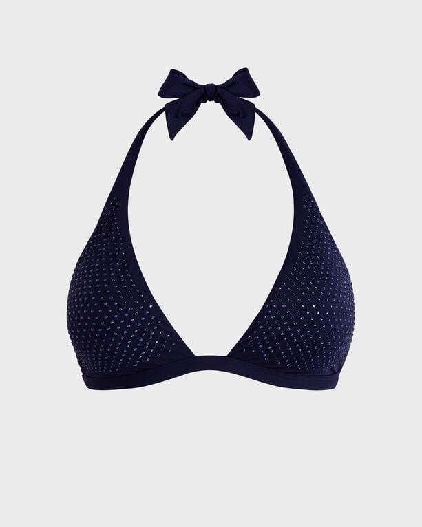 Navy blue halter bikini top with a tie neck, adorned with sparkling strass details, featuring a classic triangle design, made from a soft swimwear material, size XL.