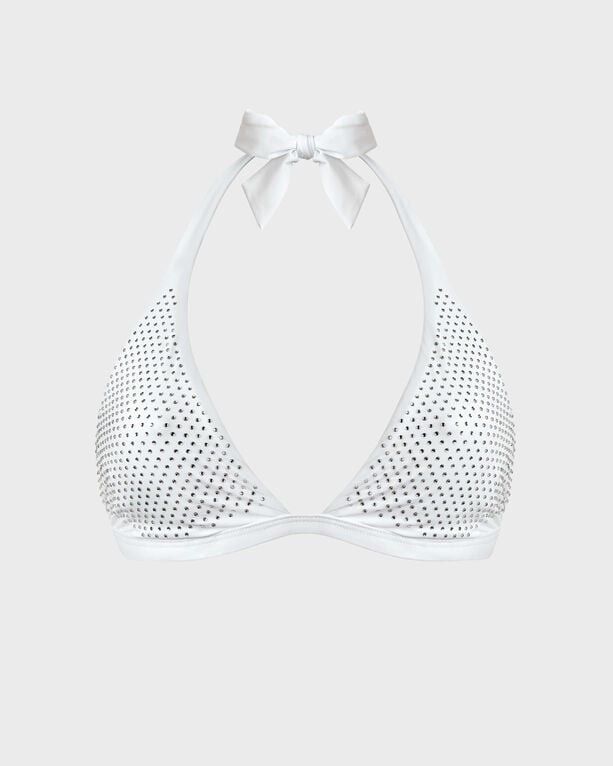 White halter bikini top featuring a strass embellishment, with a tie at the neck and a sleek design, made from swimwear material, size L.