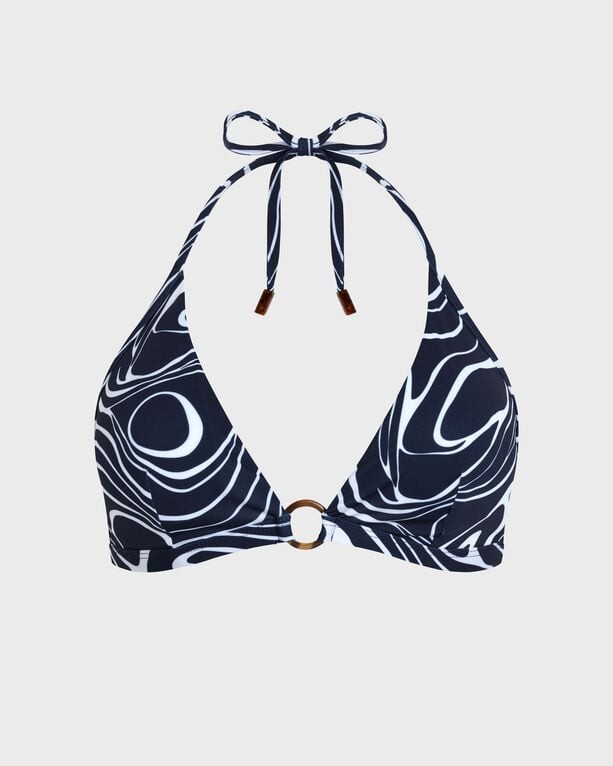 Navy blue halter bikini top featuring a wavy white pattern, adjustable tie straps, and a gold-tone ring detail at the center, made from soft swimwear material, size S.