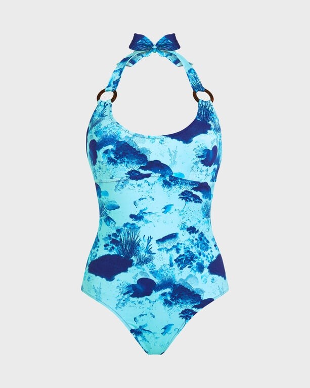 Vilebrequin women's halter one-piece swimsuit in a vibrant coral reef print, featuring a blue background, adjustable straps, and a flattering fit, size L.