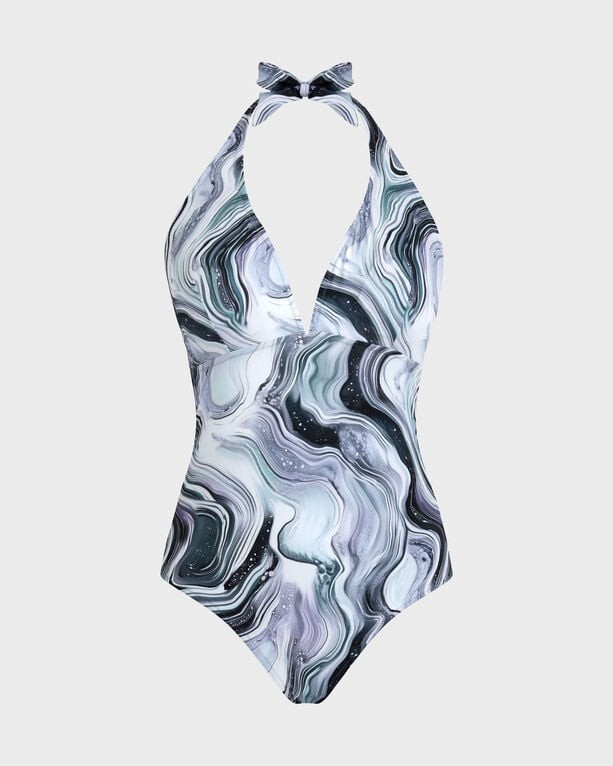 White halter one-piece swimsuit featuring a marble pattern in shades of green, gray, and black, with a deep V-neck and a bow tie at the neck, made from swimwear material, size L.