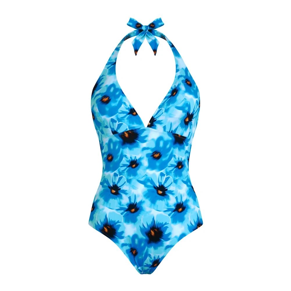 Blue halter one-piece swimsuit featuring a vibrant poppy floral pattern, with a plunging neckline and adjustable tie straps, made from a lightweight swimwear material, in size XS.