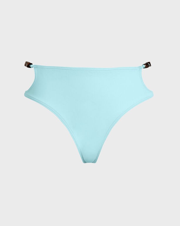 High-waisted bikini bottom in solid light blue with pearl detail, featuring a sleek design and adjustable side straps, made from soft swimwear material, size L.