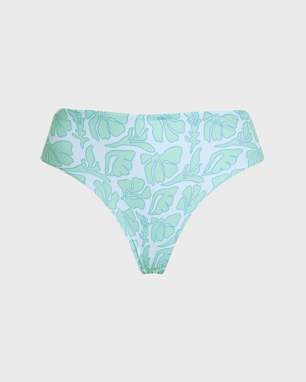 High-waisted bikini bottom in white with a seashell and leaf pattern in light green, made from swimwear material, featuring a comfortable fit, size S.
